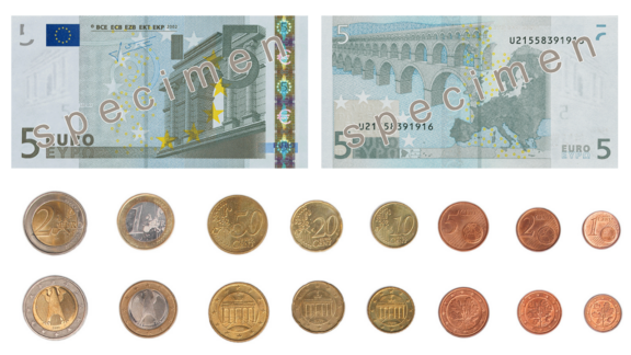 A collection of German Euro currency, including a 5 Euro banknote marked "SPECIMEN" and various coins.