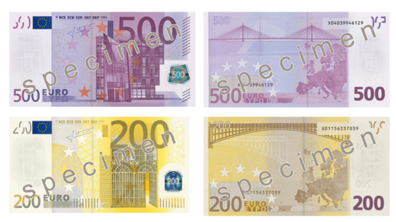 German Euro banknotes, including 500 and 200 euro notes, are marked "Specimen" to show they're not real currency.