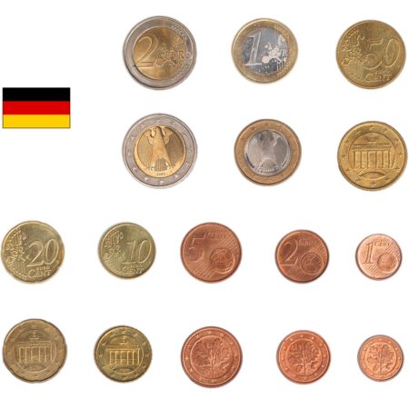 A collection of German euro coins of various denominations displayed against a white background.