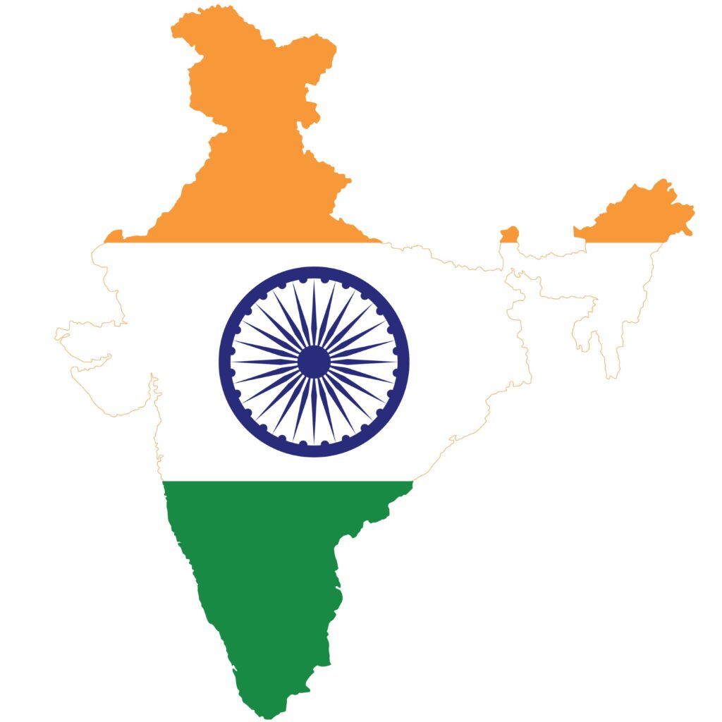 A graphic map of India, including disputed borders, colored with the national flag's saffron, white, green, and the Ashoka Chakra.