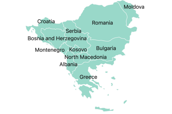 A map showing the region of the Balkans and the international borders between Balkan countries.