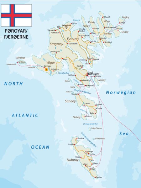 A map of the Faroe Islands with town names and roads, overlaid with the flag of the Faroe Islands in the upper left corner.