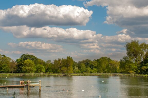 A serene view of Hampstead Heath Ponds with a wooden dock, trees surrounding the water, and fluffy clouds in the sky.