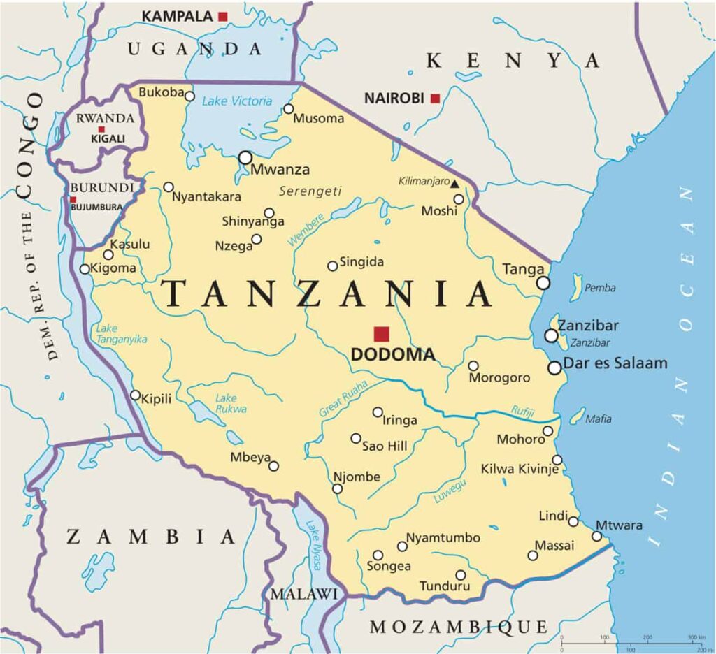 A map showing the country of Tanzania and its surrounding regions, with major cities and borders highlighted.