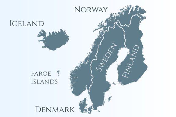 A map showing the Nordic countries, including Norway, Sweden, Finland, Denmark, Iceland, and the Faroe Islands.