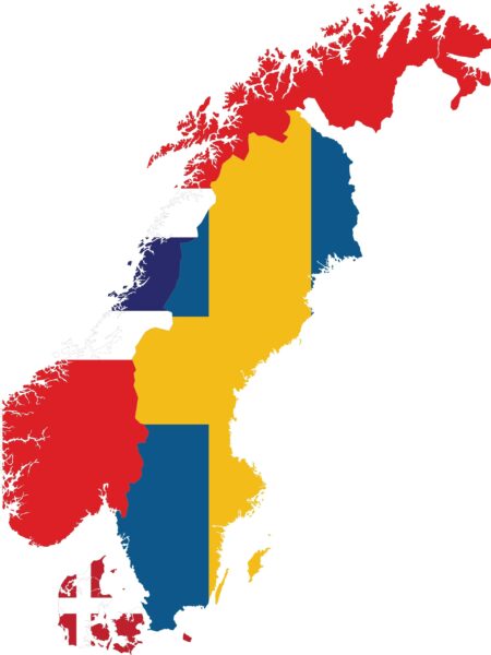 A graphic overlay of Scandinavian flags on a map outline, featuring the flags of Sweden, Denmark, and Norway.