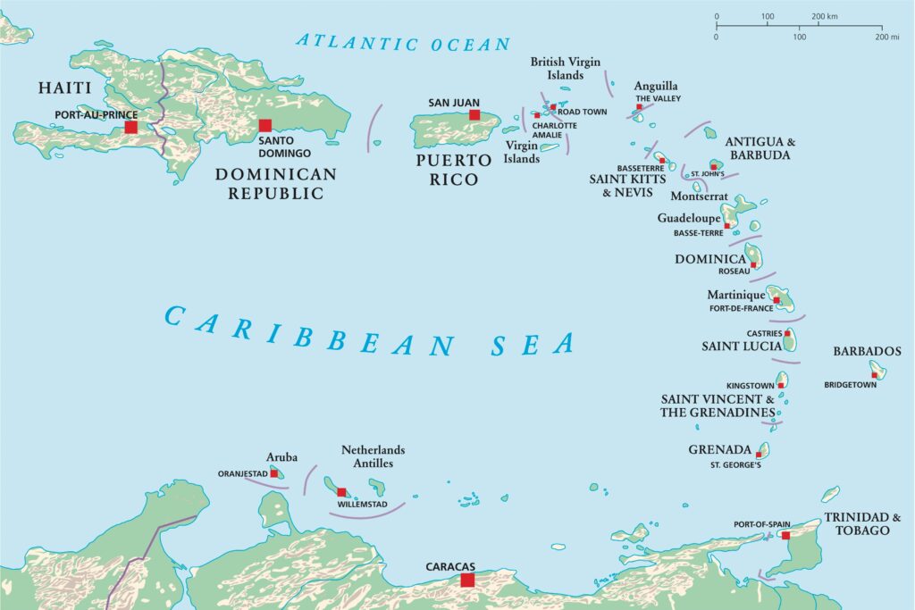 A low-resolution map showing various Caribbean islands labeled with country names, surrounded by the Caribbean Sea and parts of the Atlantic Ocean.