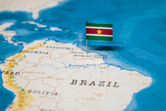 Suriname Flag Pin on Map Flag pin of the location of Suriname in South America