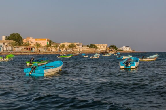 A coastal scene in Tadjoura, Djibouti, featuring multiple boats on the water with buildings in the background during daylight.