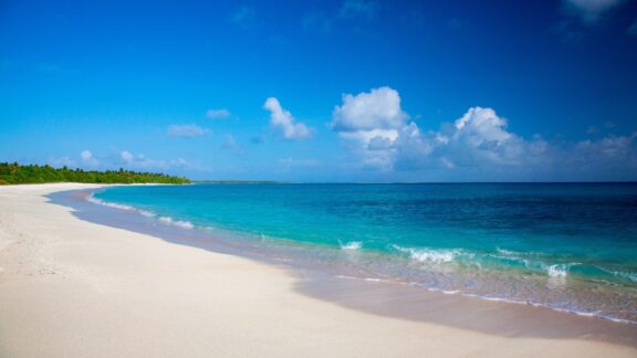 A tranquil beach with clear blue waters and white sands at Bikini Atoll, Marshall Islands, under a blue sky with a few clouds.