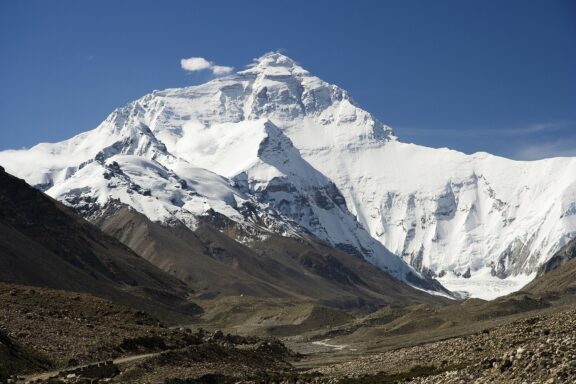 A view of Mount Everest with its snow-capped peak against a clear blue sky, with rocky terrain and sparse vegetation in the foreground.