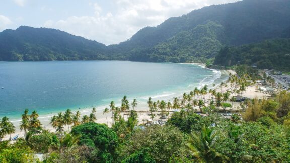 Aerial view of Maracas Beach, Trinidad and Tobago, displays clear blue waters, sandy beach with palm trees and green hills.