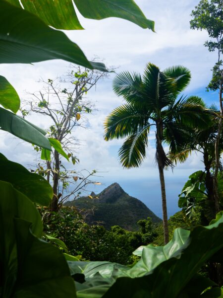 A picturesque tropical landscape in Saba, featuring a mountain peak, greenery, and a partly cloudy sky.