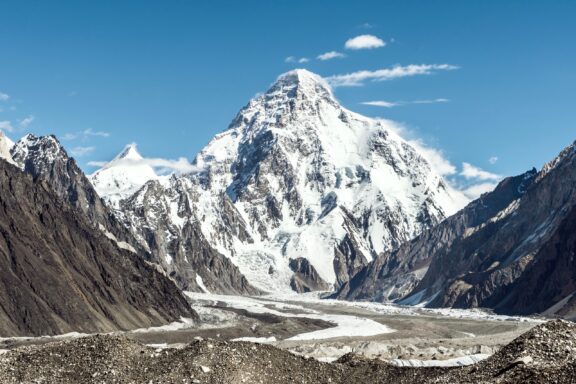 K2 mountain with Angelus peak and Godwin-Austen glacier from Concordia on a clear summer day, K2 Base Camp trek, Pakistan