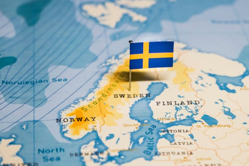 Swedish Flag Pin on Map Location of Sweden along the Gulf of Bothnia