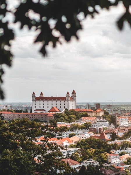 Aerial view of Bratislava Castle with surrounding buildings in Bratislava, Slovakia, framed by foliage in the foreground.