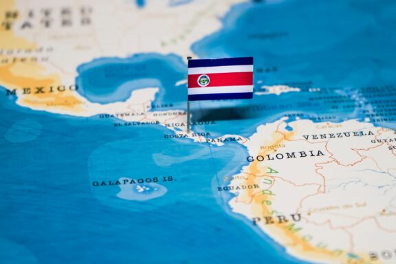 The flag of Costa Rica pinned on Costa Rica's location in Central America