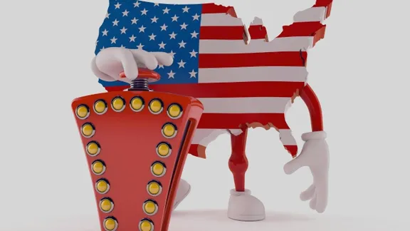 A 3D animation of a US-shaped character with an American flag design, white gloves and shoes, holding a red quiz buzzer.