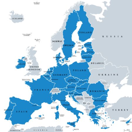 A map showing European Union member countries in blue, with surrounding non-member countries in grey.