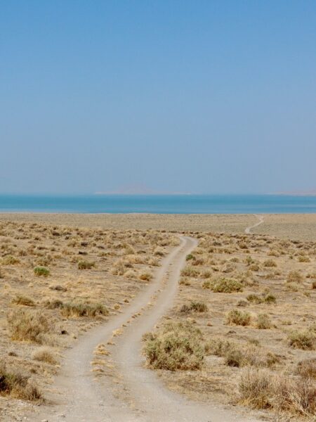 A dirt path through a sparse desert leads to Pyramid Lake under a clear blue sky in the Great Basin Desert.