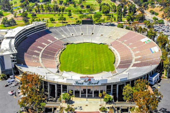 Aerial view of the Rose Bowl stadium in daylight with no visible event taking place.