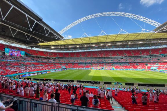 The football field can be seen under blue skies at London's Wembley Stadium during the Euro2020 Games.