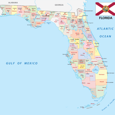 A color-coded administrative map of Florida displays the state's counties and major cities.