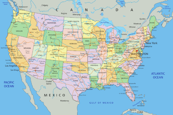 A map of the United States showing state boundaries and major cities.