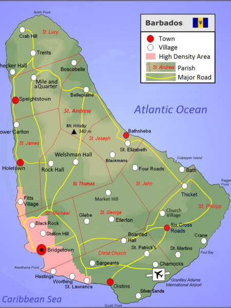 A vibrant map of Barbados, displaying towns, villages, and roads, with symbols for populated areas and main routes.