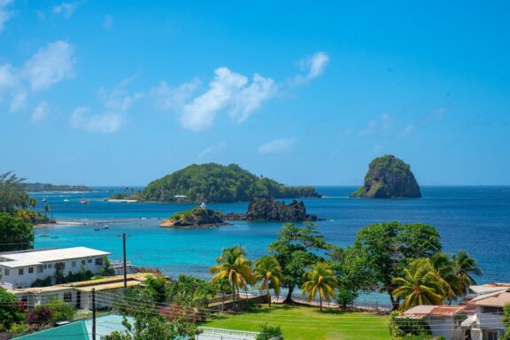 A scenic view of St. Vincent and the Grenadines featuring clear blue skies, turquoise waters, lush greenery, and a few small islands in the distance.