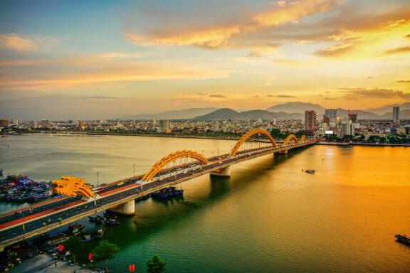 Da Nang, Vietnam: Dragon bridge at sunset.
