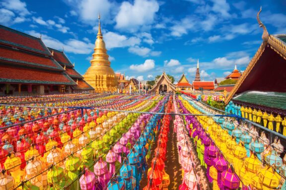 Colorful Lamp Festival and Lantern in Loi Krathong at Wat Phra That Hariphunchai, Lamphun Province Thailand