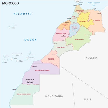 A map displays Morocco's 12 regions, major cities, neighboring countries, and nearby bodies of water.