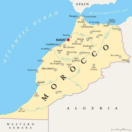 A map displays Morocco, its capital Rabat, major cities, national borders, with blue symbolizing surrounding oceans.