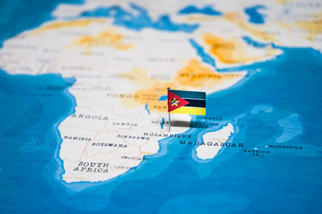 Mozambique's location in Southeast Africa, marked on the map by a pin of its national flag