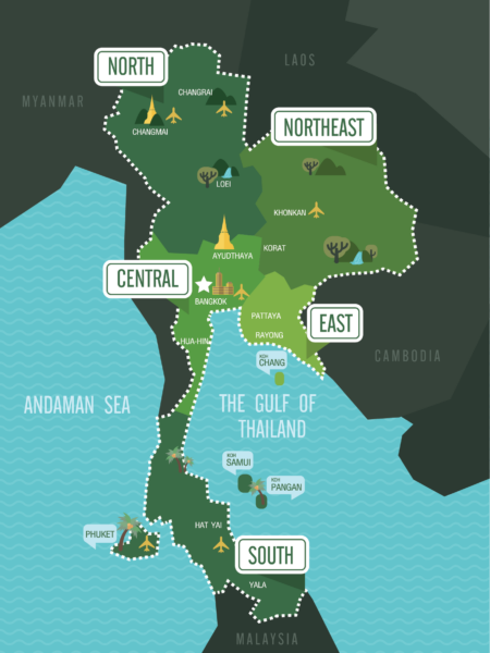 A stylized map showing the regions of Thailand with icons representing landmarks and bordered by neighboring countries and bodies of water.