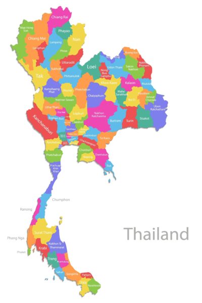 A simplified, stylized map of Thailand's regions in different colors, with English labels and "Thailand" at the bottom.