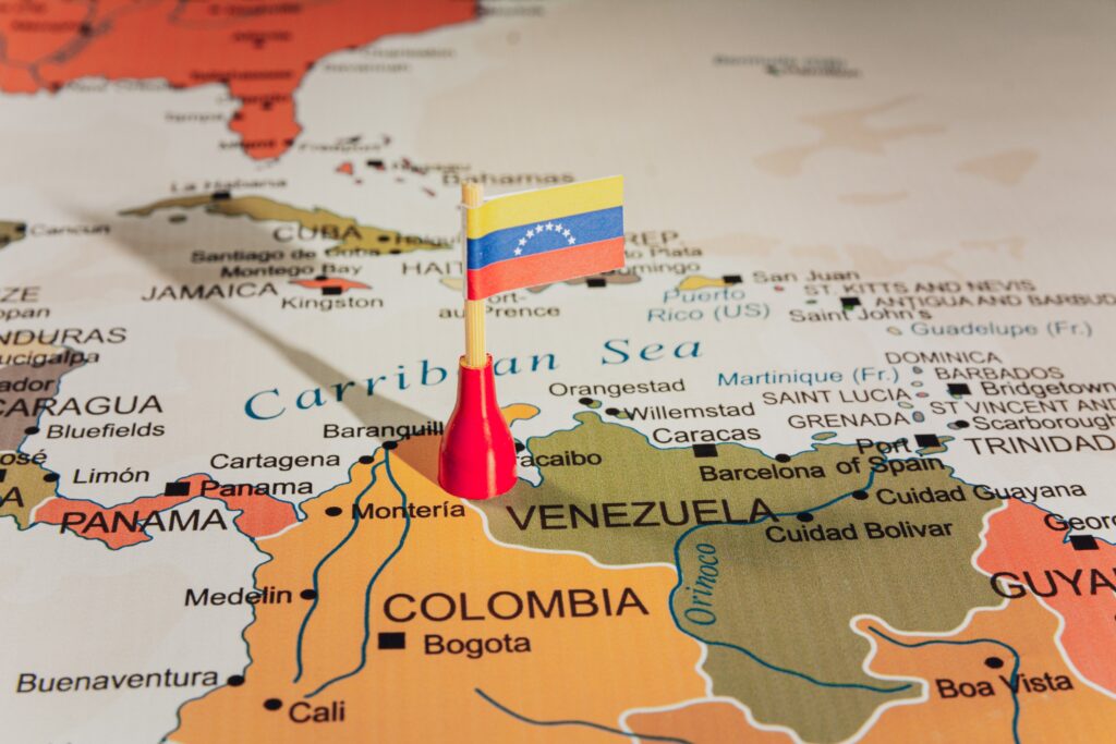 Location of Venezuela, marked by a pin of its national flag