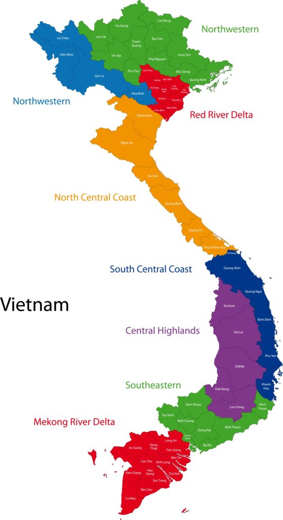 A color-coded map displays Vietnam's provinces and regions such as the Red River Delta, Mekong River Delta, and Central Highlands.