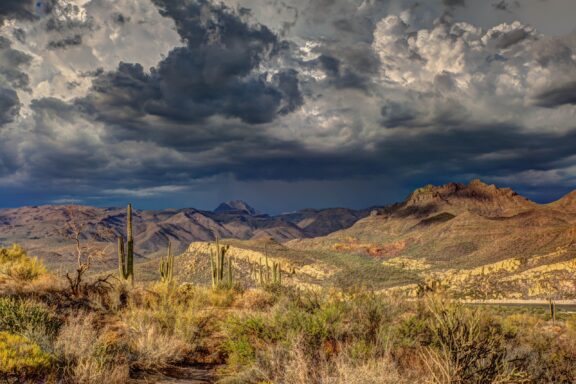 A dramatic landscape in Arizona featuring a desert with cacti in the foreground and mountains in the background under a cloudy sky.