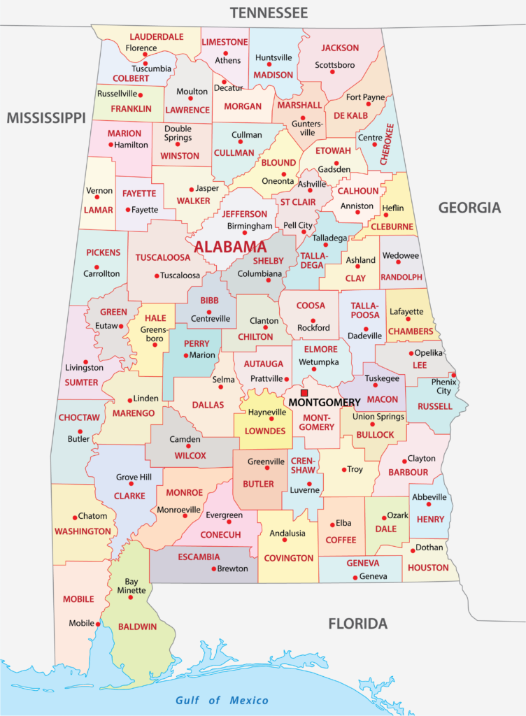 A color-coded map showing the counties of Alabama with neighboring state borders and names.