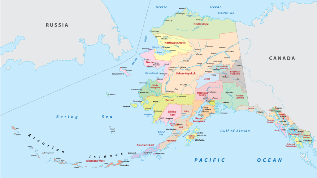 Alaska counties/boroughs map showing boroughs, main cities, and neighboring countries. Alaska counties/boroughs map showing boroughs, main cities, and neighboring countries.