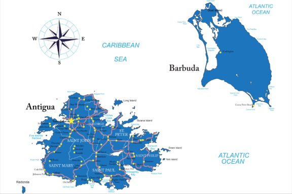 A map displays the Caribbean islands of Antigua and Barbuda, notable locations, and a compass rose.