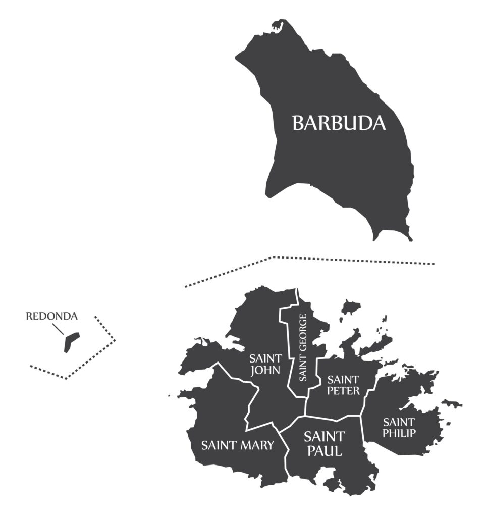 The map displays the parishes of Antigua and Barbuda, highlighting Barbuda, Redonda, and five Saint-named parishes on Antigua.