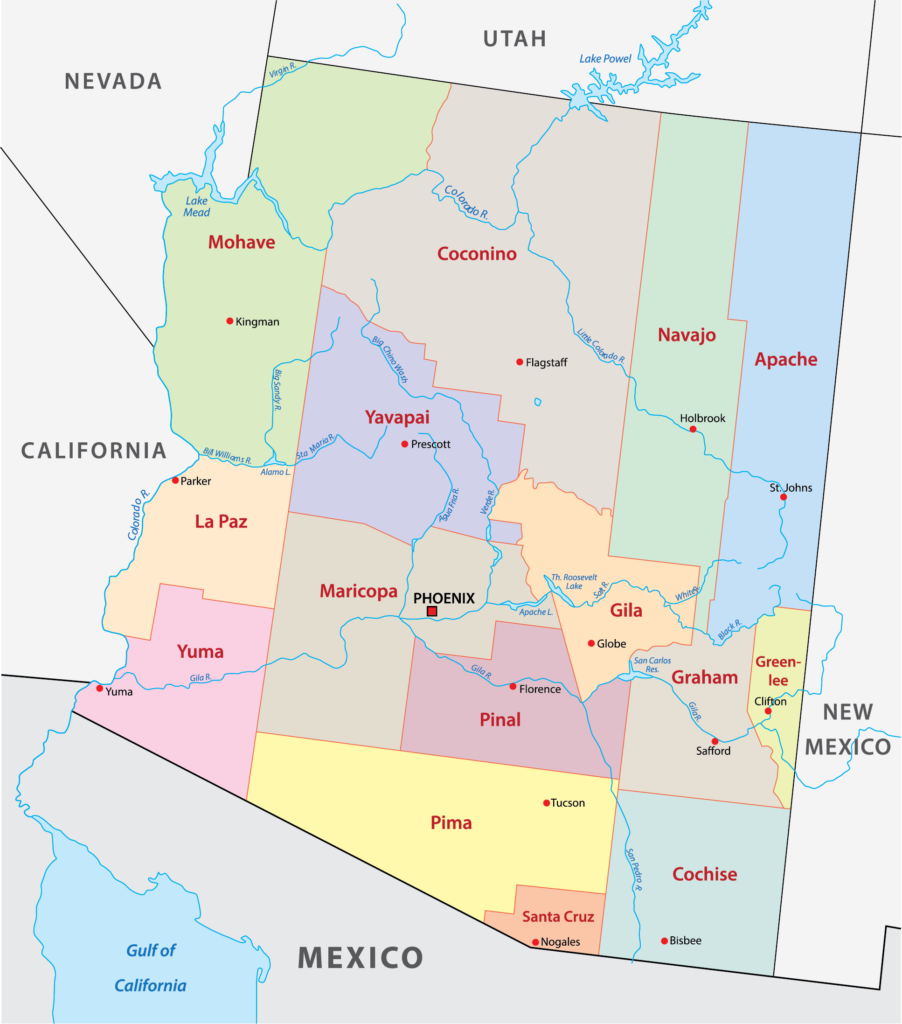 A labeled, color-coded Arizona county map, marking major cities and bordered by five regions.