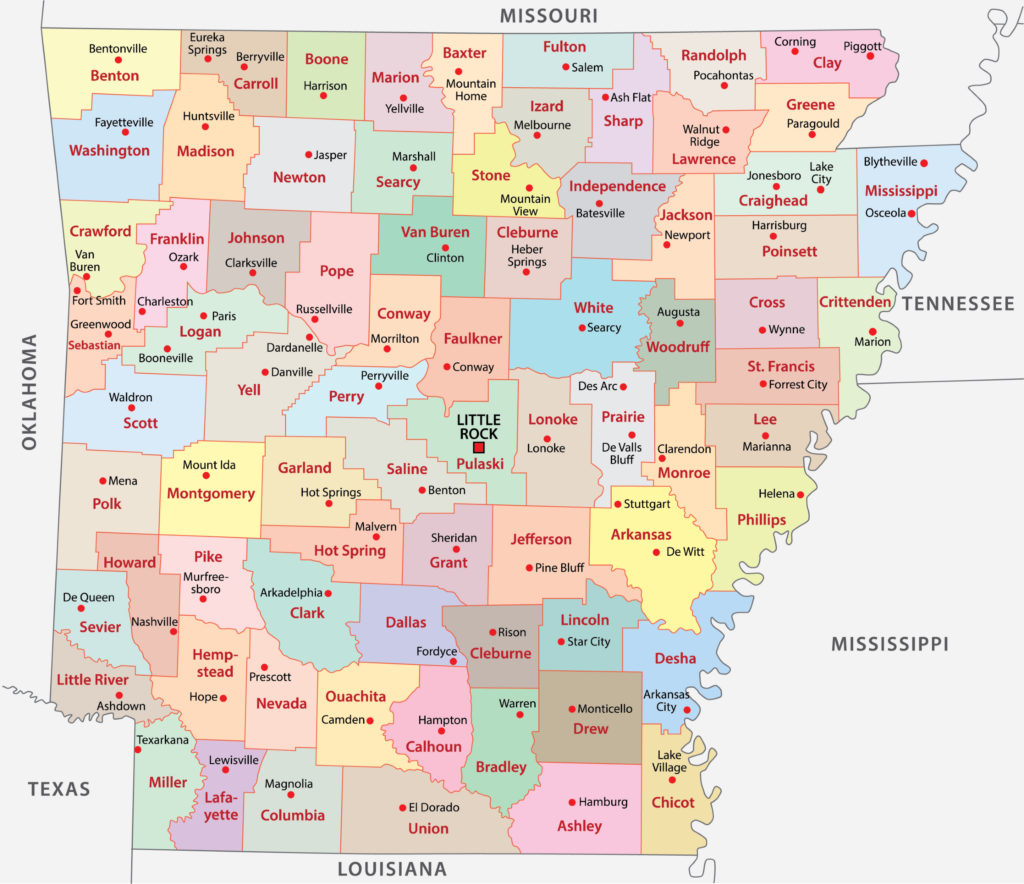 A detailed, colorful map of Arkansas' counties, each uniquely colored and named, including bordering states.