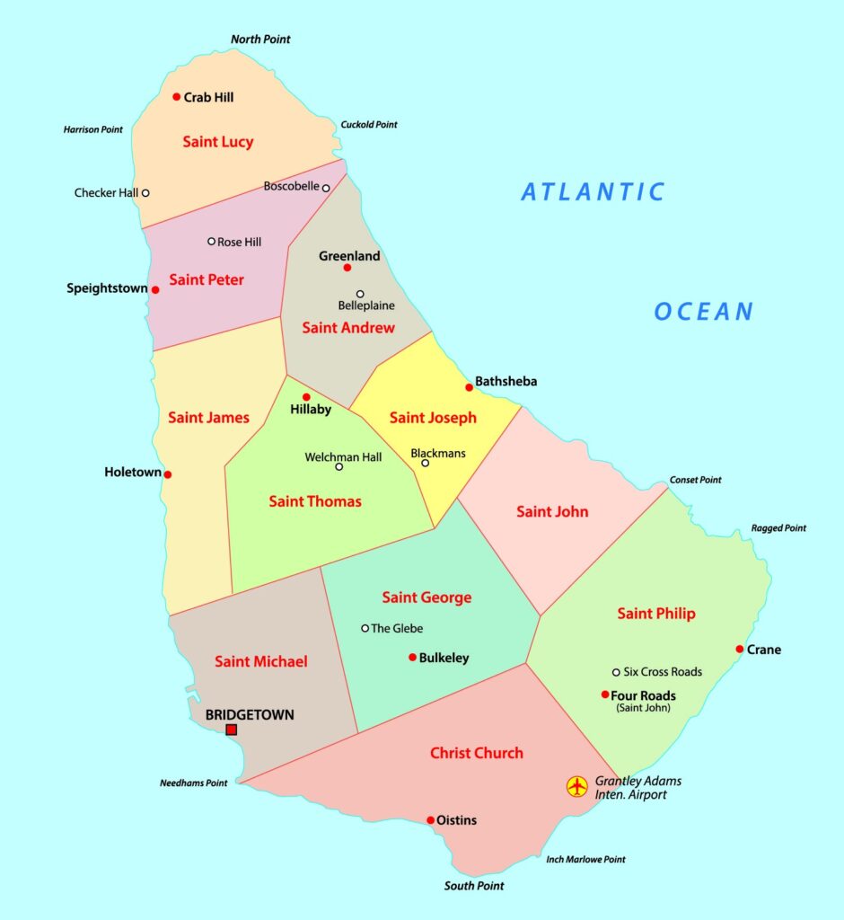 A colorful administrative map of Barbados showing various parishes with names and boundaries, against a background of the Atlantic Ocean.