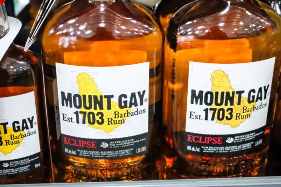 Two bottles of Mount Gay Eclipse Barbados Rum with labels visible, placed side by side.