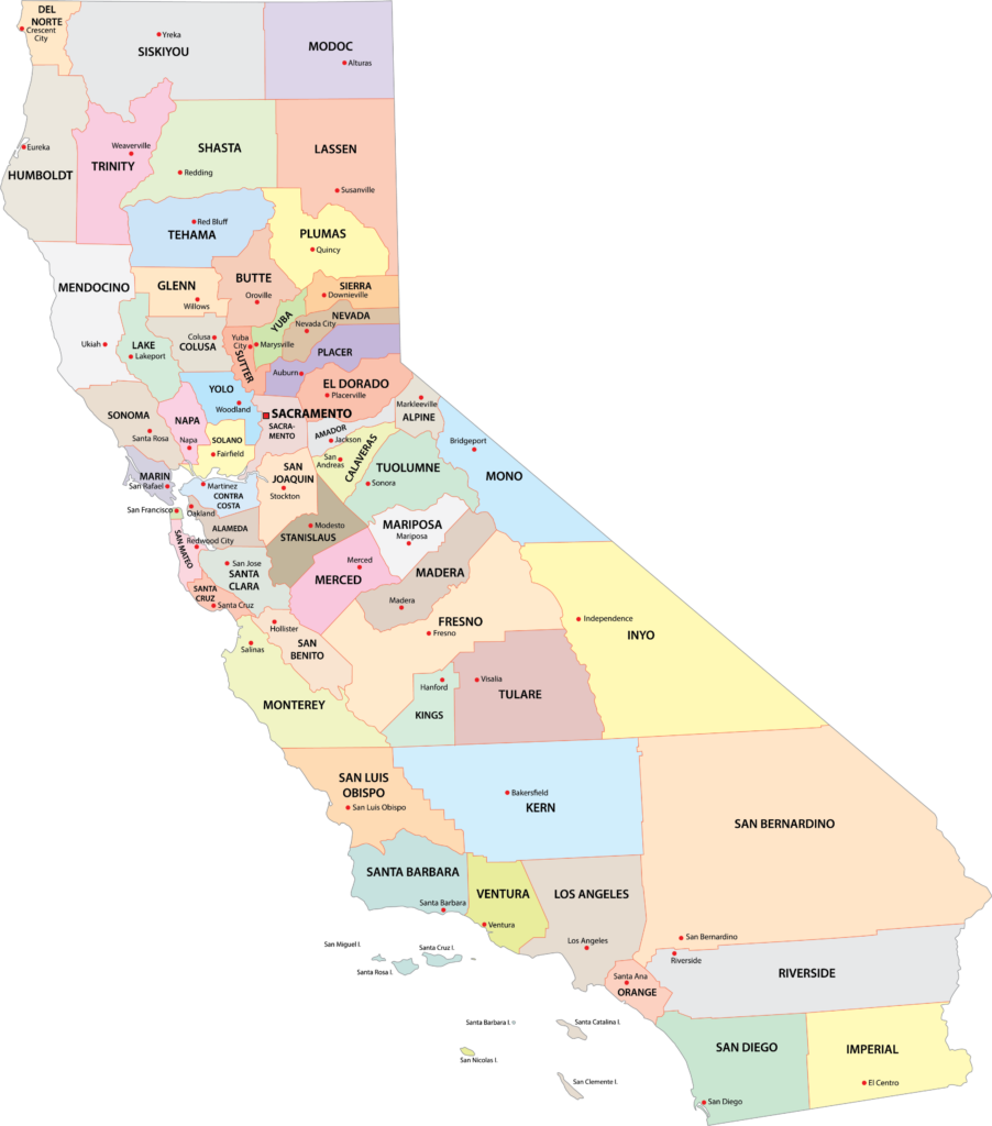 A map showing the counties of California, each county is color-coded and labeled with its name.