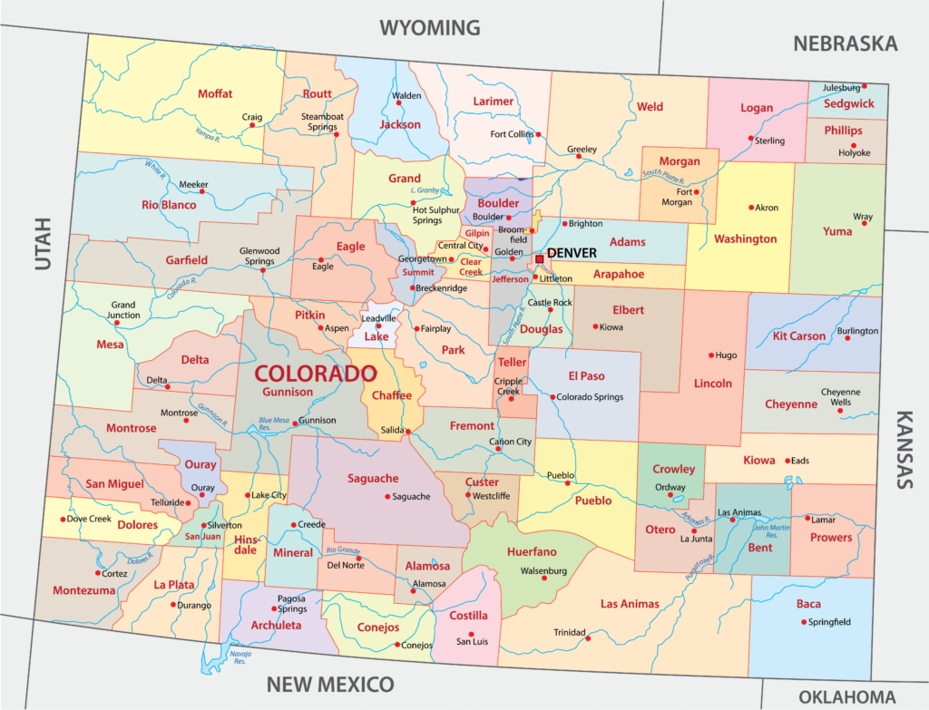 A colored map of Colorado's counties, bordered by six states, featuring major cities like Denver.